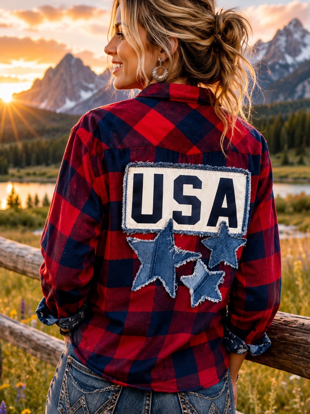 Patriotic Upcycled Flannel Shirt. USA and Star Designs. XXL.
